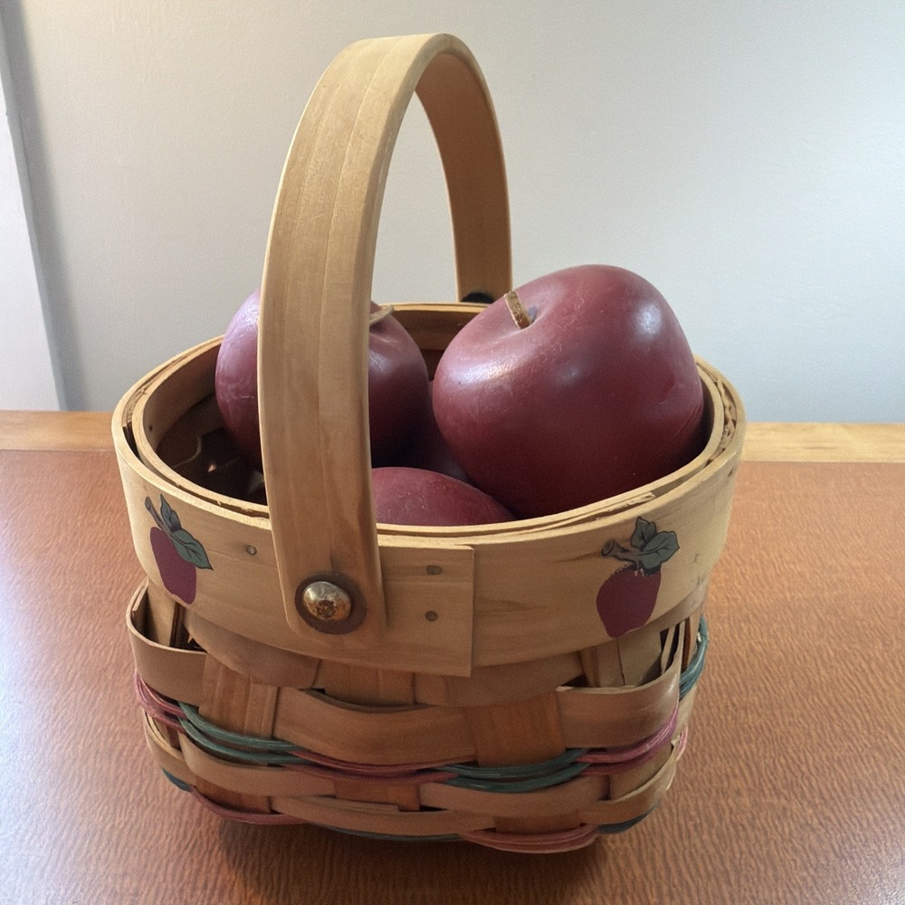 Autumn Apple Basket Full Of Wooden Apples Handle, Painted Apples Design 6"